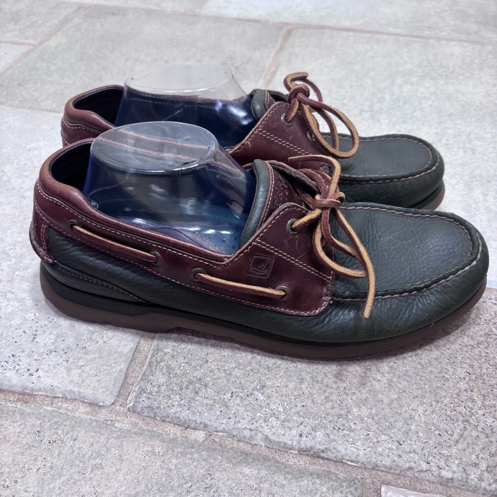 Sperry Two-Tone Brown and Dark Green Leather Boat Shoes